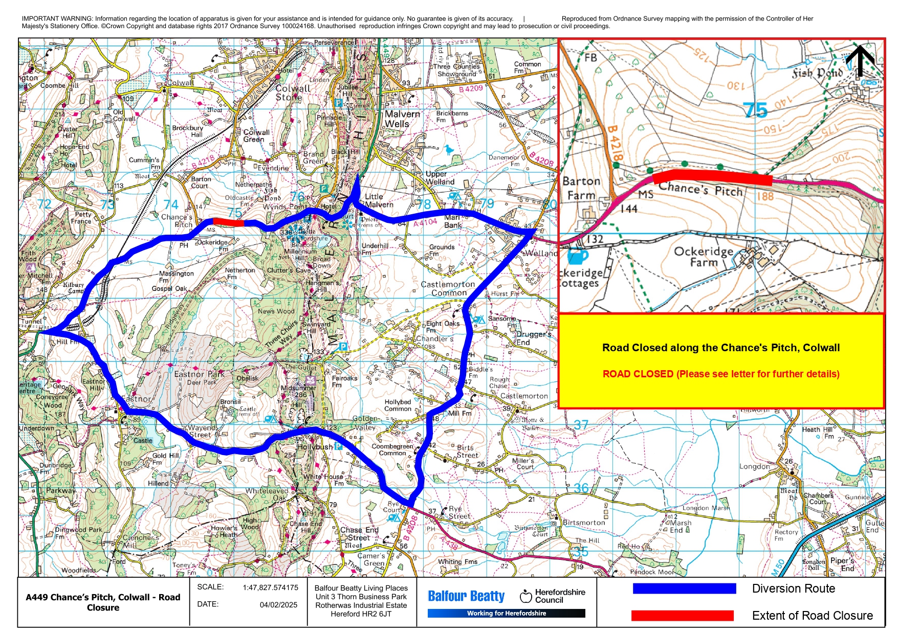 ROAD CLOSURE – A449 Chance's Pitch – 24th-28th Feb 2025 – Colwall